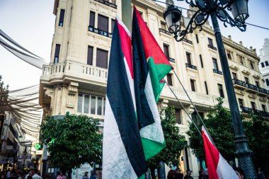 Cordoba, İspanya, 2 Ekim 2025 Filistin yanlısı gösteri Cordoba 'nın merkezinde. Arap sokak propagandası İspanya 'da ve İsrail' e karşı..