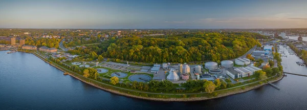 stock image  Panorama aerial view Flensburger Frde and sewage treatment plant at Flensburg , Schleswig-Holstein, Germany. 