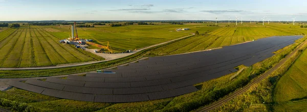 Panorama Aerial View Solar Energy Panel Photovoltaic Cell Construction Wind — Stock fotografie