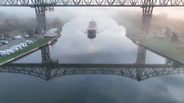 Cargo Ship Appearing Morning Mist Passing Rendsburg High Bridge Railway — Stockvideo