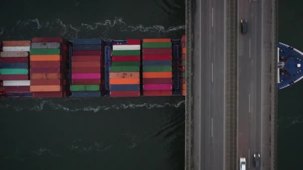 コンテナを運ぶ貨物船の空中映像は 港間のコンテナを運ぶ 艦橋の下を航行中 インターモーダル輸送の概念 貨物の運搬及び輸送 — ストック動画