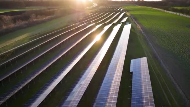 Aerial Footage Photovoltaics Open Spaces Sunset Solar Park Highway View — Stockvideo