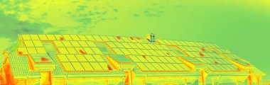 Thermographic inspection of photovoltaic systems on a roof by the house. Thermovision image of solar panels. Infrared thermovision image. Infrared thermography in inspection of photovoltaic panels.  clipart