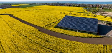 Baharda sarı kolza tohumu tarlalarıyla çevrili modern bir tarım ambarının çatısındaki büyük güneş paneli manzarası. Büyük güneş fotovoltaik dizisi olan tarım ekipmanları deposu. 