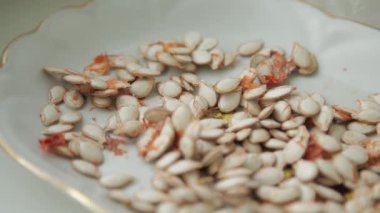 Altın kenarlı beyaz bir tabağa serpiştirilmiş balkabağı tohumları. Tohumlar balkabağı etiyle hafifçe kaplıdır, onlara doğal, organik bir görünüm verir.