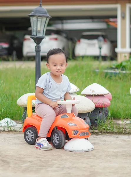 Asian Toddler Boy Menikmati Mengendarai Lamb Bersenang Senang — Stok Foto