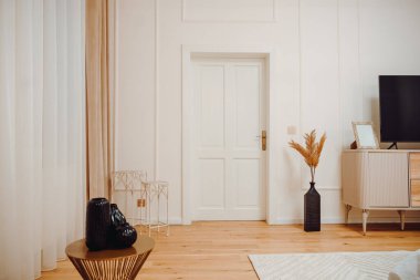 Interior of comfortable modern and stylish bedroom. Luxury interior design in modern apartmen