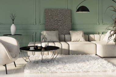 Modern dairenin şık, lüks bir iç mekanı. Basit yumuşak bej mobilyalar, siyah lamba, kahve masaları ve güzel pastel yeşil duvarları var. Gündüz vakti oturma odasında güneş ışınları...