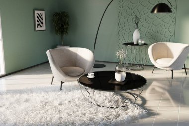 Modern dairenin şık, lüks bir iç mekanı. Basit yumuşak bej mobilyalar, siyah lamba, kahve masaları ve güzel pastel yeşil duvarları var. Gündüz vakti oturma odasında güneş ışınları...