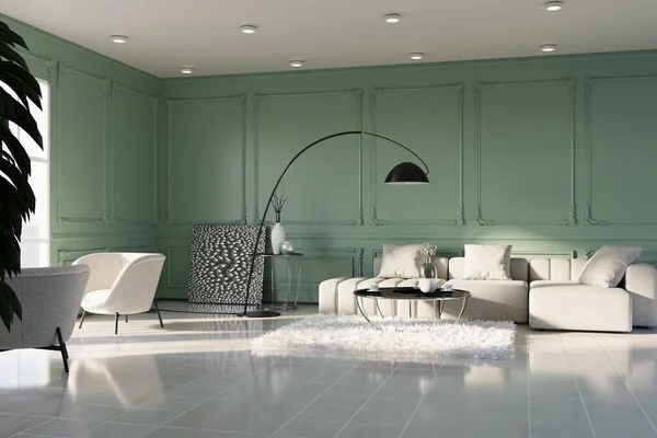 时尚奢华舒适的现代公寓的内部 与简单的当代浅色米色家具 黑色灯和长颈鹿桌子和漂亮的淡绿色墙壁 客厅里有阳光 — 图库照片