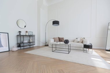 Süper beyaz, basit, temiz ve şık iç mimari modern mobilyalarla çıplak renkli ve zıt siyah elementlerle. Büyük, parlak bir oturma odasının lüks tasarımı.