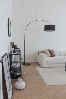 Süper beyaz, basit, temiz ve şık iç mimari modern mobilyalarla çıplak renkli ve zıt siyah elementlerle. Büyük, parlak bir oturma odasının lüks tasarımı.