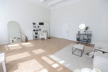 Süper beyaz, basit, temiz ve şık iç mimari modern mobilyalarla çıplak renkli ve zıt siyah elementlerle. Büyük, parlak bir oturma odasının lüks tasarımı.