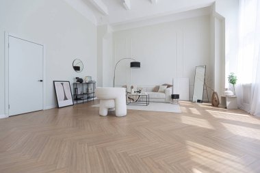 Süper beyaz, basit, temiz ve şık iç mimari modern mobilyalarla çıplak renkli ve zıt siyah elementlerle. Büyük, parlak bir oturma odasının lüks tasarımı.