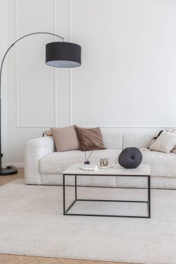 Süper beyaz, basit, temiz ve şık iç mimari modern mobilyalarla çıplak renkli ve zıt siyah elementlerle. Büyük, parlak bir oturma odasının lüks tasarımı.