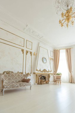 Büyük bir barok kraliyet salonunun lüks pahalı iç mekanı. Antika mobilyalar, altın kaplama, kocaman pencereler, duvarları altın kaplama şömine. Gün ışığıyla dolu