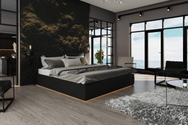 Panoramik pencereli ve deniz manzaralı lüks lüks daireler. Dekoratif taş duvar ve modern mobilyalar. vahşi tavan arası tasarımı.