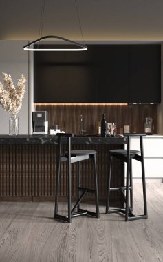 Panoramik pencereli ve deniz manzaralı lüks lüks daireler. Dekoratif taş duvar ve modern mobilyalar. vahşi tavan arası tasarımı.