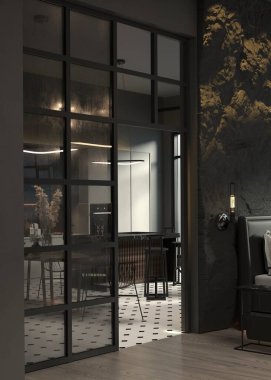 Panoramik pencereli ve deniz manzaralı lüks lüks daireler. Dekoratif taş duvar ve modern mobilyalar. vahşi tavan arası tasarımı.