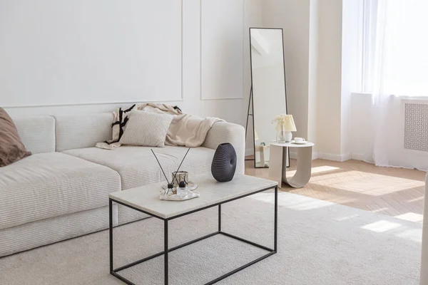 超白色的简单 干净和时尚的内部现代家具在裸体的颜色和对比的黑色元素 一间大而明亮的客厅的豪华设计 — 图库照片