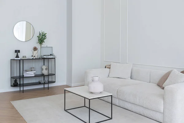 초흰색의 깨끗하고 실내와 색상의 그리고 대조적 커다랗고 거실의 디자인 — 스톡 사진