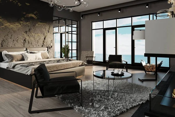 Lyxiga Posh Lägenheter Med Panoramafönster Och Fantastisk Havsutsikt Dekorativ Stenmur — Stockfoto