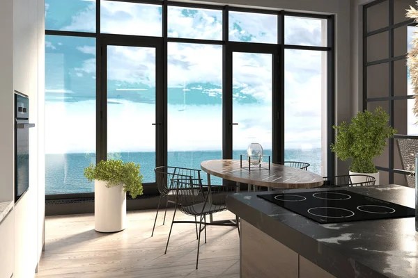 Luxury Posh Apartments Panoramic Windows Great Sea View Decorative Stone — Stock Photo, Image