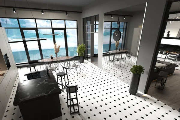 Appartements Élégants Luxe Avec Fenêtres Panoramiques Vue Magnifique Sur Mer — Photo