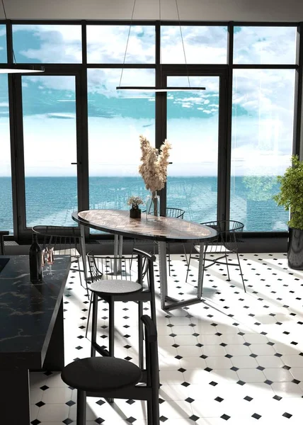 Luxo Apartamentos Elegantes Com Janelas Panorâmicas Grande Vista Para Mar — Fotografia de Stock
