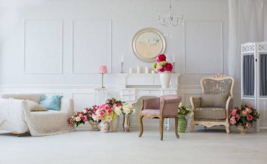 lüks temiz parlak beyaz iç. güneş ışığı ve çiçek vazo içinde geniş bir oda