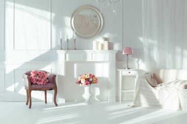 lüks temiz parlak beyaz iç. güneş ışığı ve çiçek vazo içinde geniş bir oda