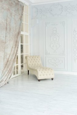 Lüks zengin oturma odası iç tasarım zarif klasik mobilyalar ve duvar süslemeleri ile. Büyük pencereli büyük ışık beyaz Oda