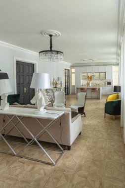 Modern bir apartman dairesi, parlak renklerde ve şık mobilyalı. Mutfak, yatak odası ve duvarsız oturma odası..