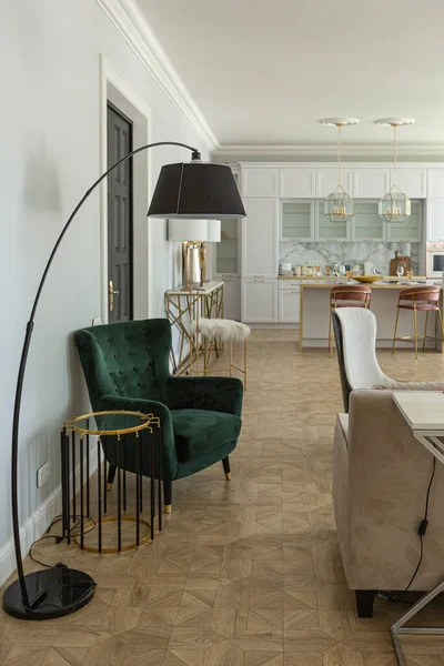 Lyx Inredning Modern Lägenhet Ljusa Färger Med Eleganta Möbler Kök — Stockfoto