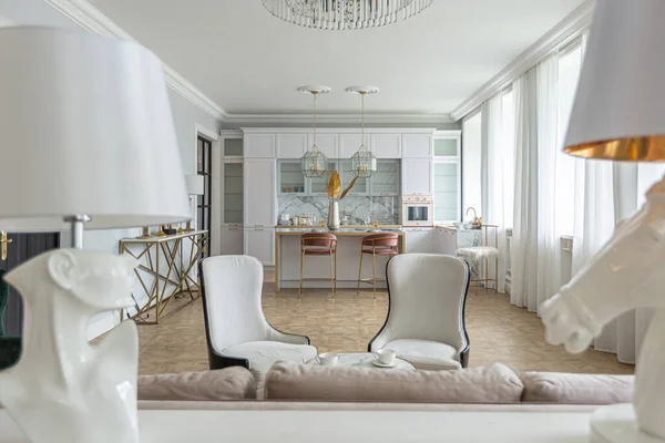 Luxury Interior Modern Apartment Bright Colors Stylish Furniture Kitchen Bedroom — Stock Photo, Image