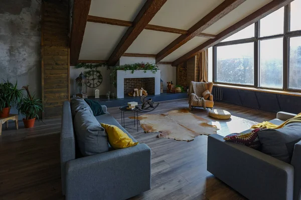 Dark Loft Style Interior Big Cozy Country House Open Plan — Stock Photo, Image