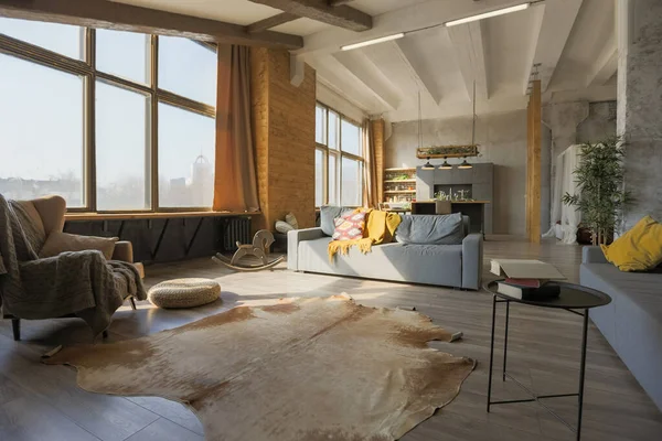 Scuro Loft Stile Interno Della Grande Casa Campagna Accogliente Appartamento — Foto Stock