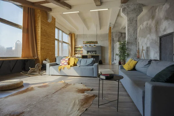 Întuneric Stil Mansardă Interior Casă Mare Confortabil Țară Apartament Plan — Fotografie, imagine de stoc