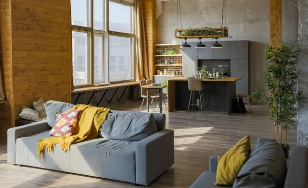 Intérieur Style Loft Sombre Grande Maison Campagne Confortable Appartement Ouvert — Photo