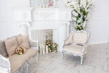 Şık mobilyaları olan lüks, ferah misafir odası kraliyet tarzında yerden tavana kocaman bir pencere yeşil bitkiler, sıva ve şömineyle süslenmiş beyaz duvarlar.