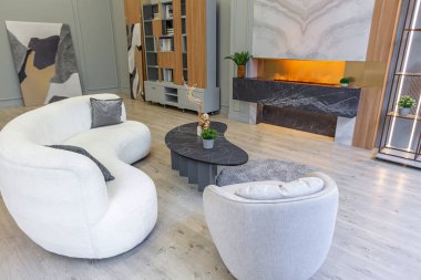 Modern stüdyo dairesinin içinde, ahşap elementli yeşil pastel renklerde lüks bir ev. Pahalı mobilyalar ve dekorasyonlar. Şöminenin yanındaki rahat oturma odası.