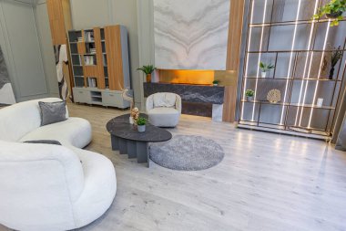 Modern stüdyo dairesinin içinde, ahşap elementli yeşil pastel renklerde lüks bir ev. Pahalı mobilyalar ve dekorasyonlar. Şöminenin yanındaki rahat oturma odası.