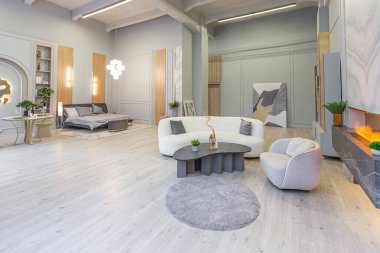 Modern stüdyo dairesinin içinde, ahşap elementli yeşil pastel renklerde lüks bir ev. pahalı mobilyalar ve dekorasyonlar