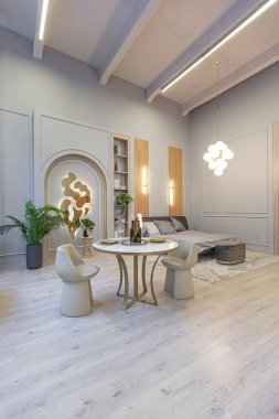 Modern stüdyo dairesinin içinde, ahşap elementli yeşil pastel renklerde lüks bir ev. pahalı mobilyalar ve dekorasyonlar