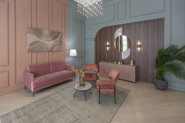 Modern moda daire iç tasarımı. Moda yeşili ve tozlu pembe duvarlar. şık ışıklandırma ve büyük panoramik pencereler