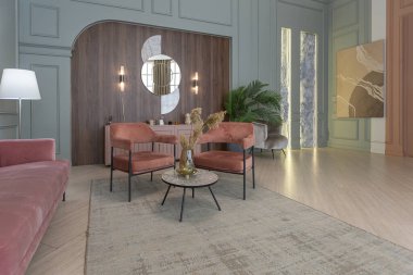 Modern moda daire iç tasarımı. Moda yeşili ve tozlu pembe duvarlar. şık ışıklandırma ve büyük panoramik pencereler