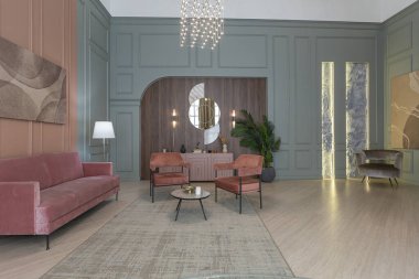 Modern moda daire iç tasarımı. Moda yeşili ve tozlu pembe duvarlar. şık ışıklandırma ve büyük panoramik pencereler