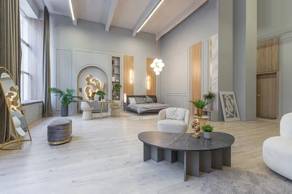 Stilvolles Luxuriöses Interieur Einer Modernen Studiowohnung Grünen Pastellfarben Mit Holzelementen — Stockfoto