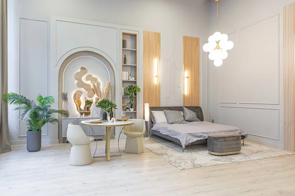 Elegant Lyxig Interiör Modern Studio Lägenhet Gröna Pastellfärger Med Träelement — Stockfoto