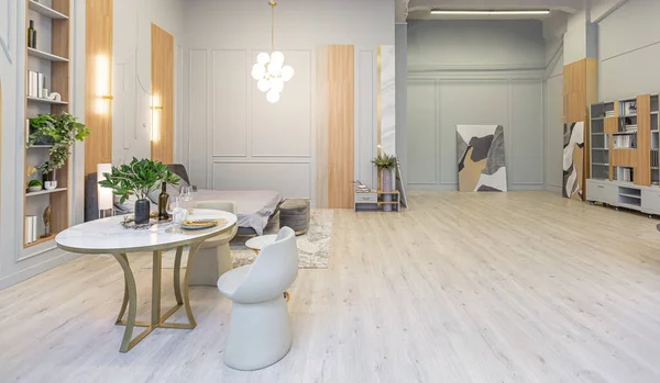 Stijlvol Luxe Interieur Van Modern Studio Appartement Groene Pastelkleuren Met — Stockfoto